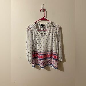 Aqua White Blouse with Pink and Blue Accents Size Small